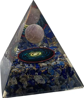 Produktbild von CHONIT Orgonit Pyramide, blau, EMF-Schutz gegen Strahlung, klein mit Bergkristall als Deko für zu Hause