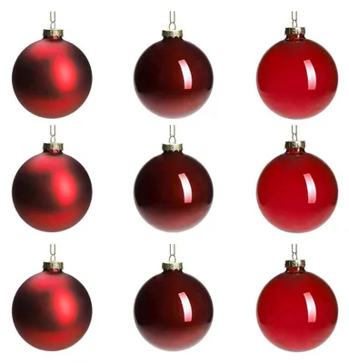 Zdjęcie produktu dla Bombki świąteczne szklane, w kolorze czerwonym, matowe/błyszczące/przezroczyste, zestaw 9 sztuk, średnica 8 cm