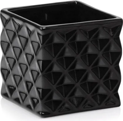 A black ceramic planter with a geometric pattern.