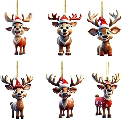 Produktbild von 6-teiliges Set Weihnachts-Rentier-Anhänger, niedliche Cartoon-Elche aus Acryl mit Weihnachtsmannmütze, 2D-Tieranhänger für Auto, Zuhause und Weihnachtsfeiern