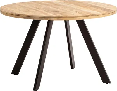 Esstisch Mango Massivholz 120x120cm Rund mit runder Holzplatte und schwarzen Metallbeinen, Gesamtansicht.