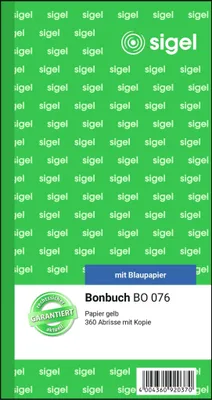 Produktbild von SIGEL BO076 Bonbuch, 360 Abrisse, gelb, 105x200 mm, mit Blaupapier, 2 x 60 Blatt
