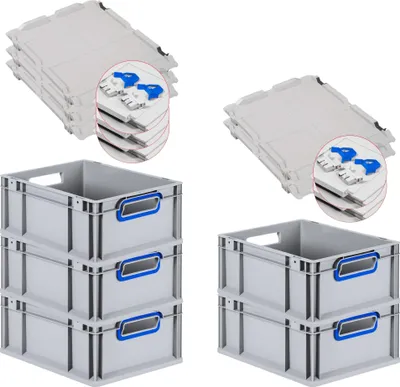 Produktbild von SuperSparSet 5x Eurobox NextGen Color mit Scharnierdeckel und Schiebeschnappverschlüssen | HxBxT 17x30x40cm | 16 Liter | Grau | Griffe blau offen | Glatter Boden | Eurobehälter, Transportbox, Transportbehälter, Stapelbehälter