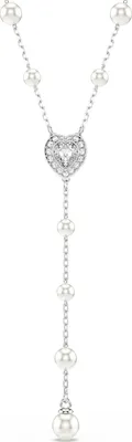 A white background showcases a silver necklace with pearls and a heart-shaped pendant.