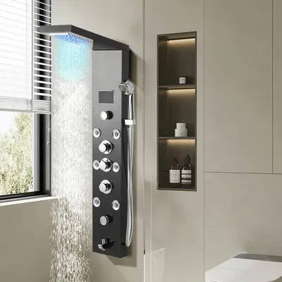Obrázek produktu pro Jopassy sprchový panel do koupelny Hydromasážní sprchový systém Dešťová sprcha Multifunkční sprchový panel 6 velkých masážních trysek Sprchový sloup, černý