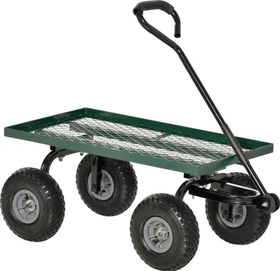 Image de Outsunny Chariot de transport jardin remorque à main charrette à bras 4 roues 94L x 48,5l x 100H cm charge max. 150 Kg métal vert