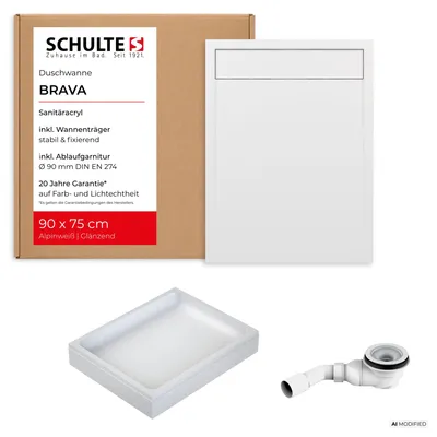 Produktbild von Schulte Duschwanne Brava 90x75 cm, Sanitäracryl Weiß, Set mit Wannenträger + Ablauf, Höhe 16 cm
