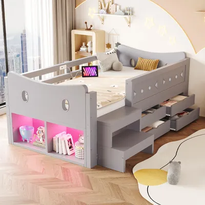 Produktbild von Flieks Kinderbett 90x200cm mit USB & Typ-C, Hochbett mit Treppe und 4 Schubladen, Schlafsofa Holzbett mit Led und Staufächern, Grau