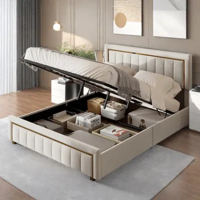 Produktbild von ProximaX Polsterbett , hydraulisches Boxspringbett 160x200cm mit Lattenrost und Stauraum, Doppelbett Holzbett Jugendbett Kunstleder, Beige