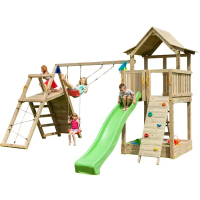 Produktbild von Spielturmking Spielturm PAGODA mit Rutsche 2,90 m + Kletterwand + Doppelschaukel - Grün DH457