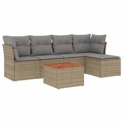 Produktbild von Modulares Garten-Loungeset, 6-tlg. Sofagarnitur mit Stauraum, UV-beständiges Poly Rattan, Akazienholz-Tisch, Beige, Hellgrau