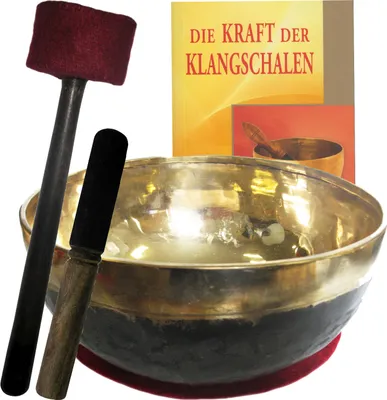 Produktbild von Klangschale Bengali gold-schwarz 5-teiliges Klangmassage-Set mit Buch. Therapie-Qualität: Herzschale ca. 900-1000g ca. 18-20 cm mit Kissen, Holz-Leder-Reibe- & Therapie-Klöppel.