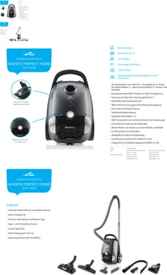 Produktbild von Bodenstaubsauger mit Beutel ETA Avanto Perfect Home, 800 W, ECO-Motor, hochwertiger HEPA-Filterung Nr. 12, Elektronische Saugregulierung und umfangreiches Zubehöhr