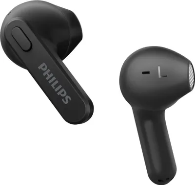 A pair of black wireless earbuds, one on the left and one on the right, against a white background.