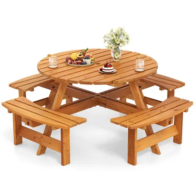 Produktbild von COSTWAY Gartenmöbel-Set für 8 Personen, Gartentisch mit Schirmloch & 4 Bänken, Picknicktisch Set rund, Sitzgarnitur Holz, Sitzgruppe Gelb