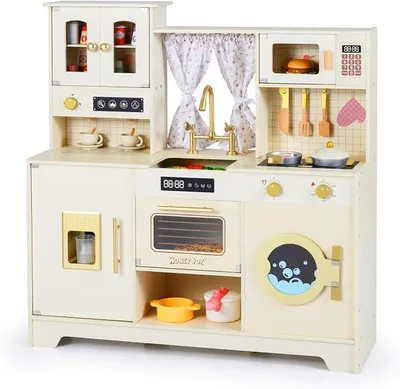 Imagen del producto de Cocina de madera para niños, cocina de juguete con horno, grifo, fregadero y armario, cocina de juguete con horno, cafetera y microondas, incluye 14 accesorios, para niños a partir de 3 años