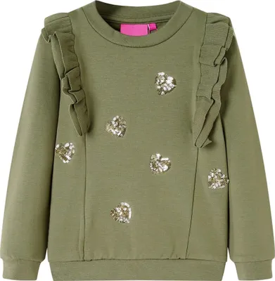 Produktbild von Kinder-Sweatshirt Khaki mit Herzen, Rundhalsausschnitt und Rüschen, Größe 92