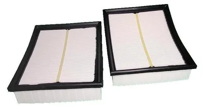 Two white air filters with black frames and yellow center straps against a white background.