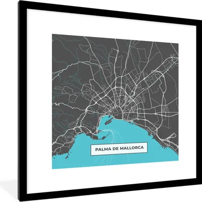 Produktbild von MuchoWow® Gerahmtes Poster Mallorca - Stadtplan - Blau - Karte 40x40 cm - Poster mit Schwarzem Bilderrahmen Wandposter Rahmen Foto Bilder - Poster - Plakat im Rahmen