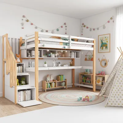 Immagine prodotto di Letto a castello Flieks 90x200cm con scale, letto a soppalco con scrivania e libreria, letto per bambini con protezione anticaduta e rete a doghe, letto a castello finitura naturale