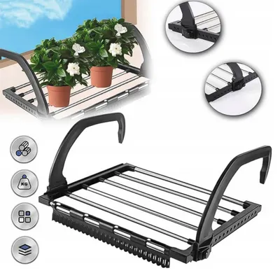 A product image showing a drying rack for balconies and radiators, with potted plants on it in one section and a close-up of the rack itself in another.