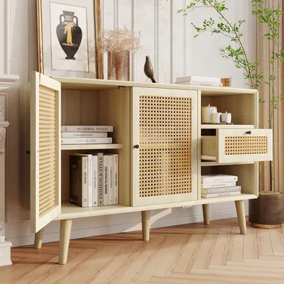 Produktbild von STILVORA Sideboard mit 1 Schublade und 2 Magnettüren, Kommode mit Rattangeflecht und verstellbaren Ablagen, Aufbewahrungsschrank mit Massivholzbeinen