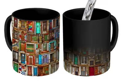 Obrázok produktu pre MuchoWow® Magický hrnček Magické dvere - Farebné - Koláž - Architektúra 350 ml Hrnček na zmenu farby Nápad na darček - Magický hrnček - Foto hrnček - Keramické hrnčeky - Obrázky - Šálka kávy - Hrnček na pitie - Hrnčeky na kávu