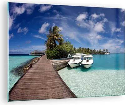 Produktbild von Bilder auf glas - Maledische Insel Archipel Ozean Hütte - 70x50cm - Glasbilder - Wandbilder - Kunstdruck - Wanddekoration aus Glas - Glas Bilder - Wandbild auf Glas - GAA70x50-0436