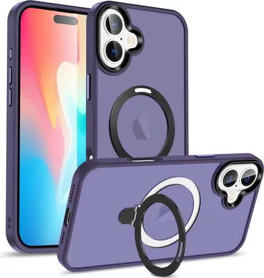 A purple iPhone case with a magnetic ring is shown from multiple angles against a white background.