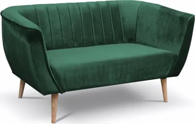A green velvet sofa with wooden legs on a white background.