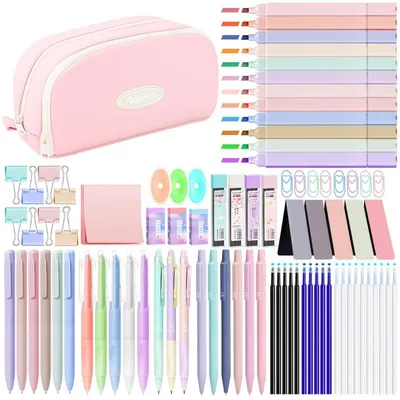 Produktbild von 85-teiliges Schulsachen Set mit Federmäppchen, 12 Pastell Textmarker, 11 Gelstifte, 6 Druckbleistifte, Schrein für Teenager Mädchen, Rosa