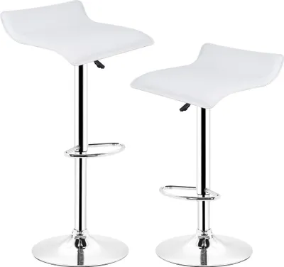 Two white bar stools with chrome bases and adjustable height.