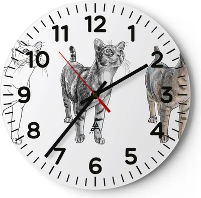 Produktbild von Wanduhr - Rund - Glasuhr - Katzen Tiere Kinder Illustration - 30x30cm - Schleichendes Uhrwerk - Lautlos - zum Aufhängen bereit - Dekoration Modern - Wanddekoration aus Glas - C4AR30x30-3211