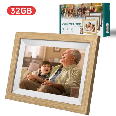 Productafbeelding van ZELURXX 10,1-inch WiFi digitale fotolijst, compatibel met de Frameo-app, 32 GB + cloudopslag, IPS-touchscreen, houtlook
