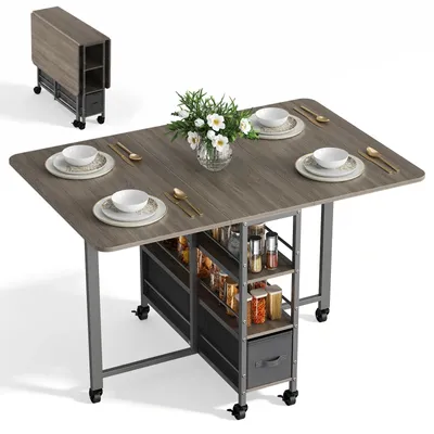 Produktbild von Klappbarer Esstisch - Ausziehbarer Klapptisch - 6 Rollen - 2 herausnehmbare Schubladen - Platzsparend - Metallrahmen - Schwarz
