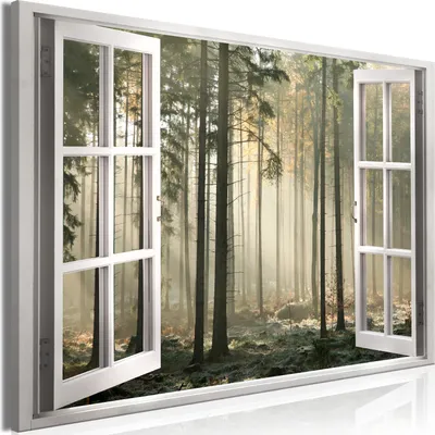 Produktbild von Modernes Wandbild Fensterblick 90x60 - 1 Teile Bilder Fotografie auf Vlies Leinwand Foto Bild Dekoration Wand Bilder Kunstdruck Wald Baum Landschaft Nebel c-C-0378-b-a