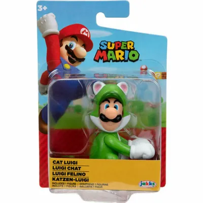 A Super Mario Cat Luigi action figure in its retail packaging.