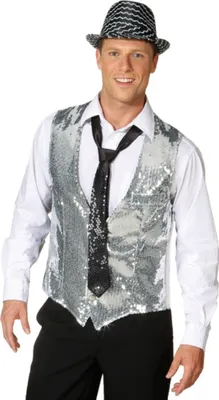 Pailletten Weste Silber Charleston Revue für Herren von Vorne