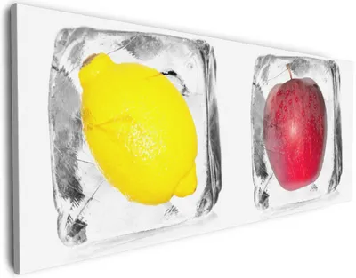 Produktbild von Wallario Premium Leinwandbild Zitrone in Eiswürfel - Eiskaltes Obst in Größe 50 x 125 cm