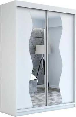 A white sliding door wardrobe with mirrored doors, reflecting a room interior with a lamp and geometric wall paneling.