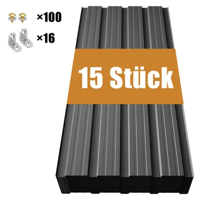 Produktbild von GIHAUVIA 15xTrapezblech 108x42.6 cm Dachblech 6m² inkl Schrauben Wandblech verzinkt Profilblech wetterfest für Carport Gartenhaus Grau