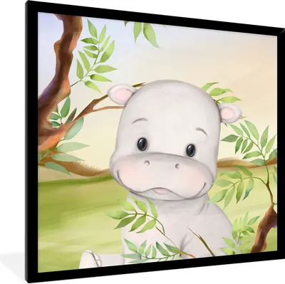 Produktbild von MuchoWow® Gerahmtes Poster Nilpferd - Dschungel - Blätter 40x40 cm - Poster mit Schwarzem Bilderrahmen Wandposter Rahmen Foto Bilder - Mit Rahmen - Wanddekoration Schlafzimmer