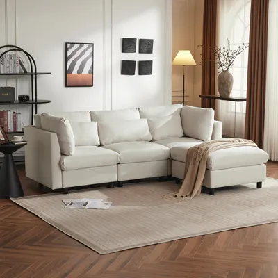 Immagine prodotto di Divano angolare Merax, divano a L con funzione di letto, divano da soggiorno a 3-4 posti, divano, divano letto, set di divani, lino, beige