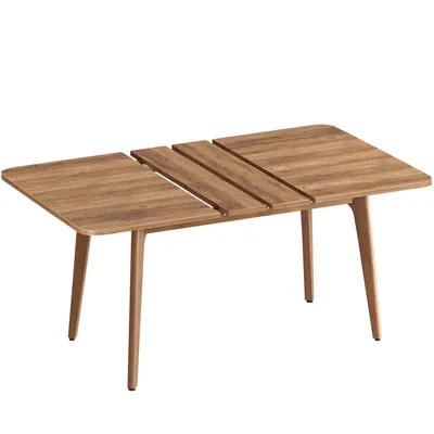 A wooden dining table with a slatted, extendable top, shown from a slightly elevated side angle against a white background.