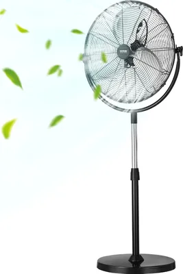 A black industrial stand fan is shown with green leaves and mist blowing from it, suggesting cooling and air circulation.