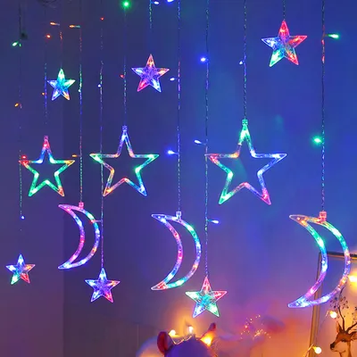 Produktbild von LED Stern Mond Lichtervorhang Bunt Lichterkette Batteriebetrieben Weihnachten Party Garten Fenster Deko