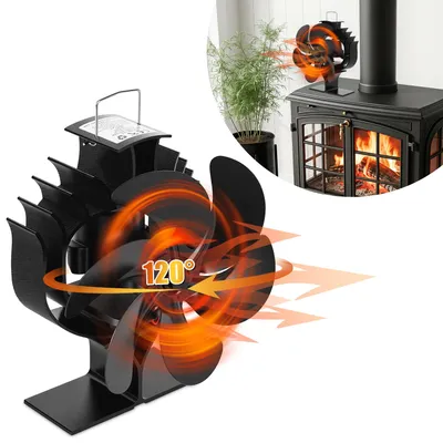 Obrázek produktu pro Ventilátor do kamna Ikodm s 6 lopatkami, funkcí otáčení o 120°, teploměrem, provozem bez napájení a ochranou proti přehřátí