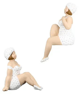 Image de GILDE, figurine "Becky", nageuse, à l'effigie d'une femme assise sur le bord de la piscine, à pois, en résine, blanche, 2 pièces comme illustré, L. 18 cm, l. 12 cm, H. 31 cm, référence 89329