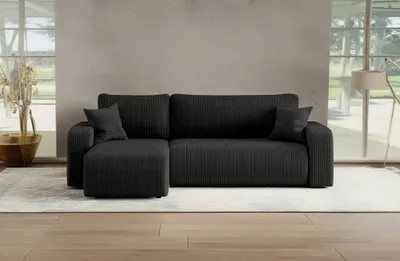 Image de Canapé d'angle avec fonction sommeil et coffre de lit, Canapé d'angle MILANO L tissu Poso velours côtelé épais noir gauche