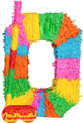 Produktbild von Pinatas Nummer 0 Set aus Papppinata, Stock und Augenbinde – B35 cm x T7,5 cm x H50 cm – Mehrfarbig